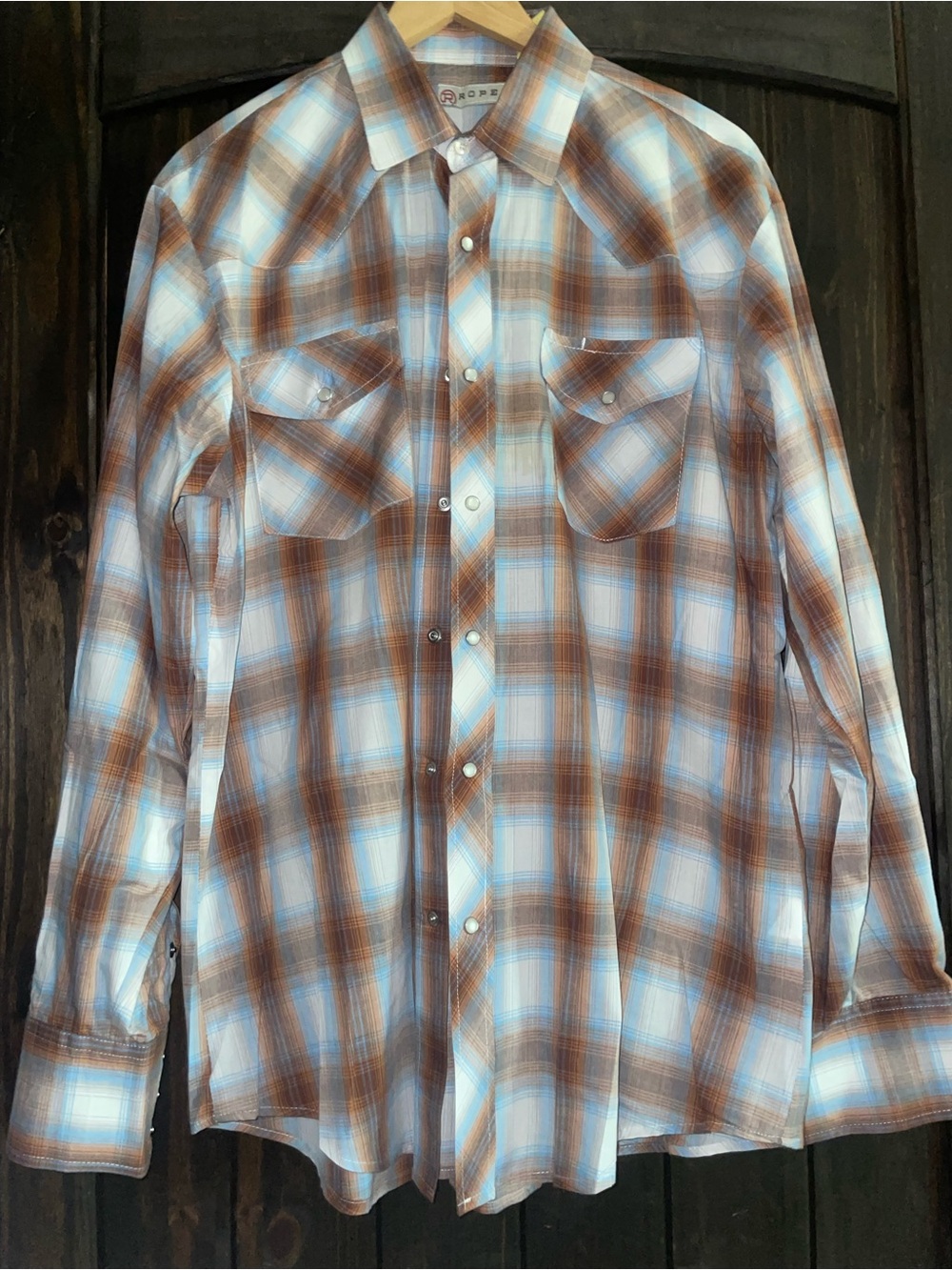 Roper Men's Brown and Light Blue Plaid Western Button-Down Shirt, Size L